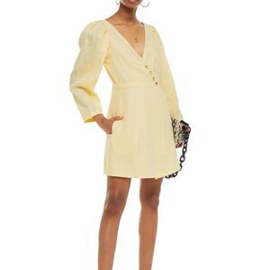 BAUM UND PFERDGARTEN Abrial linen mini wrap dress in pastel yellow MSRP $279 NEW